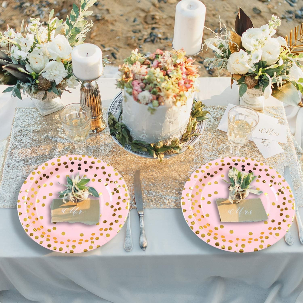 Set 10 Farfurii Unica Folosinta, Imprimeu cu Buline, din Carton, Diametru 23 cm, Roz/Auriu [2]