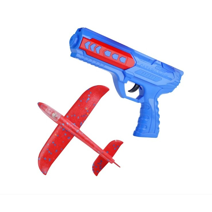 Pistol cu Lansator de Avion, din Polistiren+Plastic, +3 Ani, Avion 24 cm, Lansare 10 m, cu Lumini, Albastru/Rosu [2]
