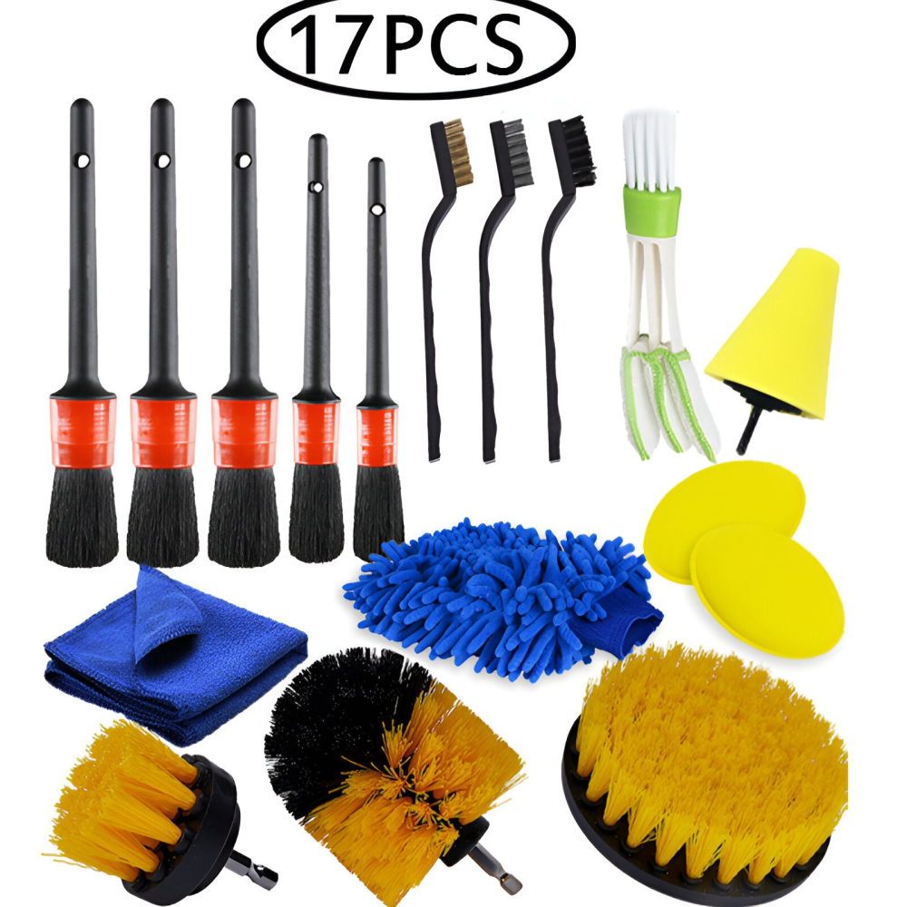 Set 17 Accesorii pentru Curatare Auto, Interior si Exterior, 4 Capete pentru Bormasina, 5 Pensule, 3 Perii, 1 Laveta, 1 Manusa, 1 Perie Tripla Grilaj, 2 Bureti, Multicolor [3]