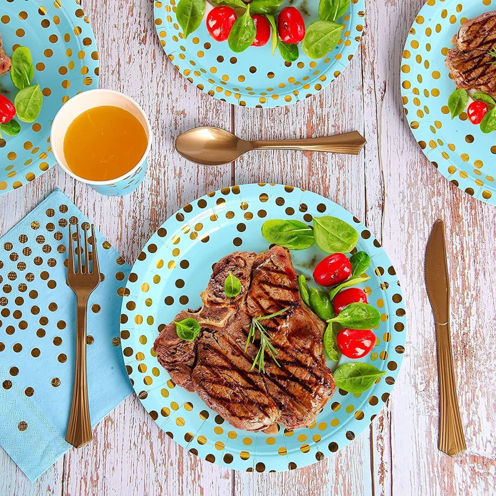 Set 10 Farfurii Unica Folosinta, Imprimeu cu Buline, din Carton, Diametru 18 cm, Albastru/Auriu [3]