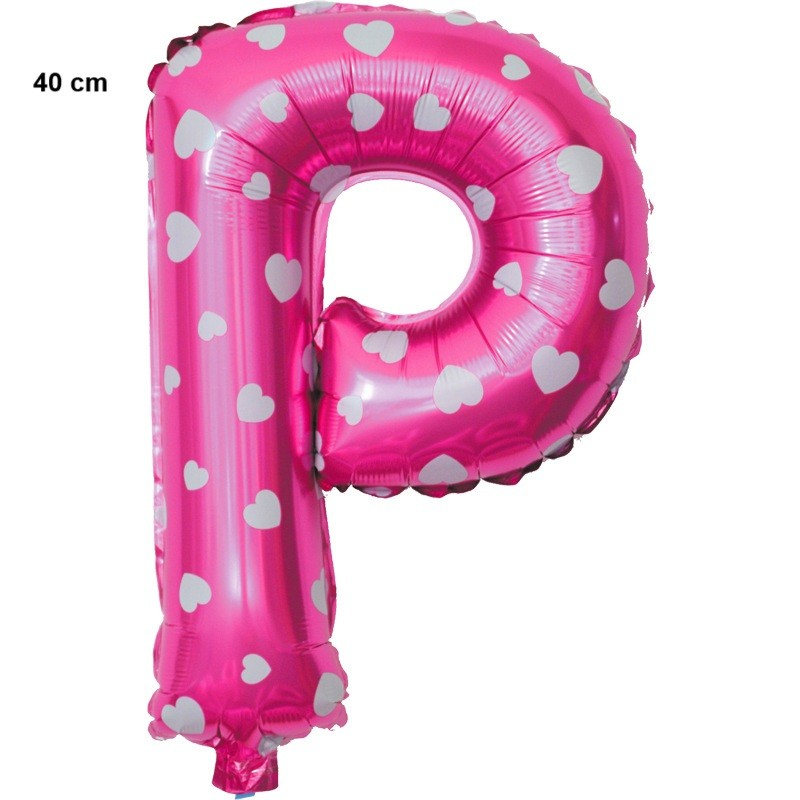 Balon Folie Metalizata Litera P, 40 cm, Cu Imprimeu Inimioare, Umflati cu Heliu sau Aer, Ambalaj Individual, Pai inclus, Roz [2]