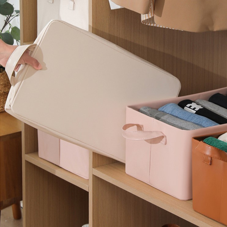 Cutie de Depozitare Tip Cos, Material Piele Ecologica, Pliabila, 47x28x20 cm, 26 l, Cadru Metalic, cu Manere, Roz [4]