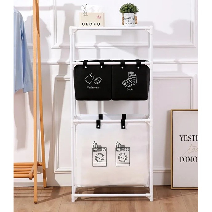 Cos de Rufe, 3 Rafturi, 3 Cosuri, Cadru de Otel Inoxidabil, 123x28x57 cm, Alb [2]