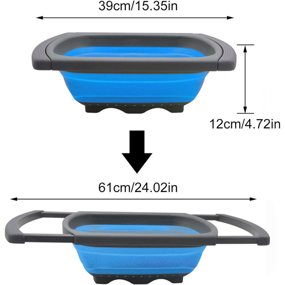 Cos de Scurgere Retractabil pentru Chiuveta, cu Filtru, pentru Fructe si Legume, de Uz Casnic, 39x12 cm, Design Extensibil pana la 61 cm, cu Manere de Prindere, Albastru [6]