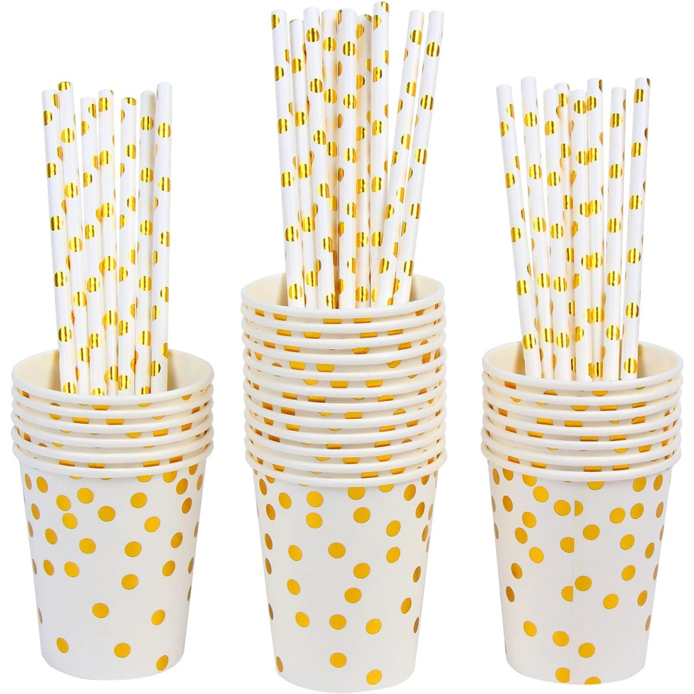 Set 10 Pahare, Imprimeu cu Buline, din Carton, 250 ml, 7.5 x 8.5 x 5.2 cm, Auriu [3]