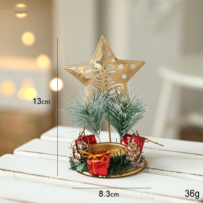 Suport Decorativ pentru Lumanare de Craciun, Ornament pentru Lumanare pe Masa, Model Stea cu Clopotei si Crengute de Brad, din Art Metal, fara Lumanare 13 x 8.3 cm, Auriu [2]