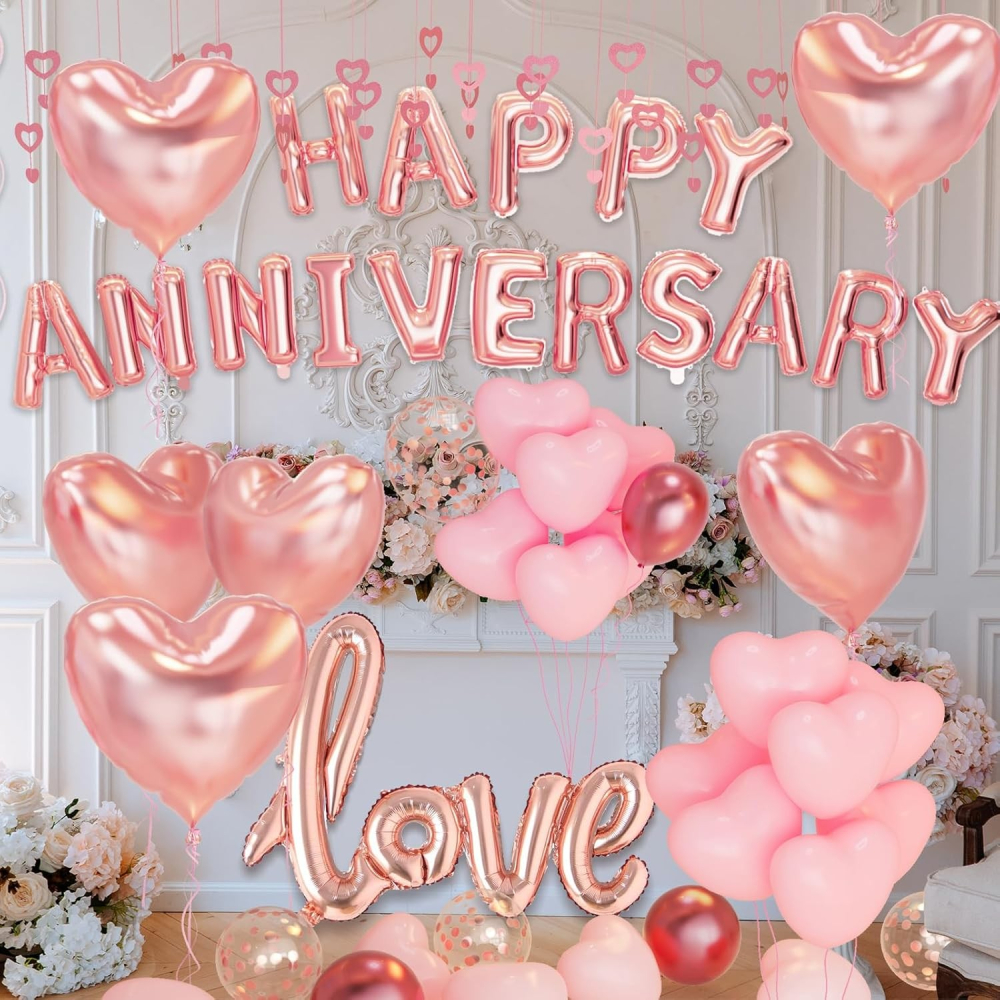 Set Baloane din Folie Metalizata, Model Happy Anniversary, Litere de 40 cm, Baloane Party, Ambalaj Individual, Pai Inclus, Umflare cu Aer sau Heliu, Roz [10]