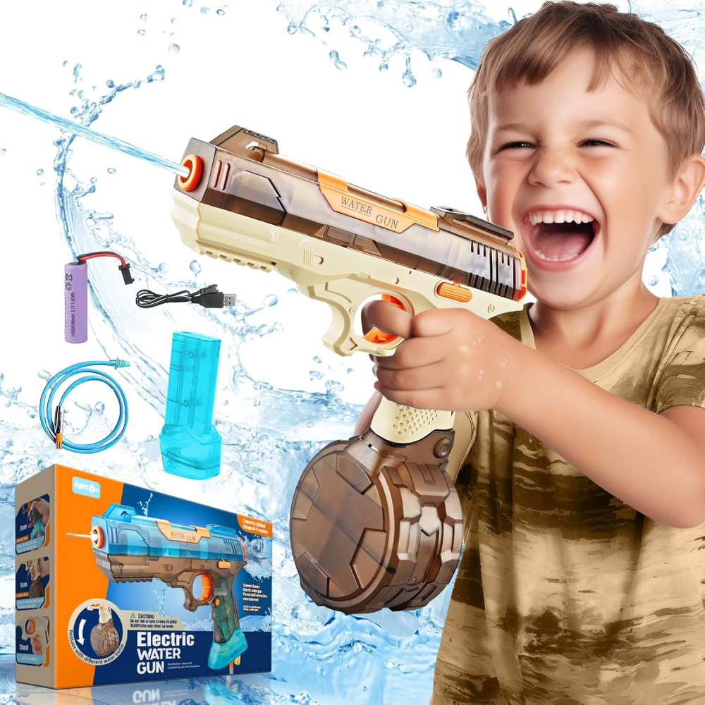 Pistol cu Apa Electric, 2 Rezervoare 75/350 ml, din ABS+Silicon, Baterie, Incarcare USB, Conectare la Furtun, +6 Ani, Maro [6]