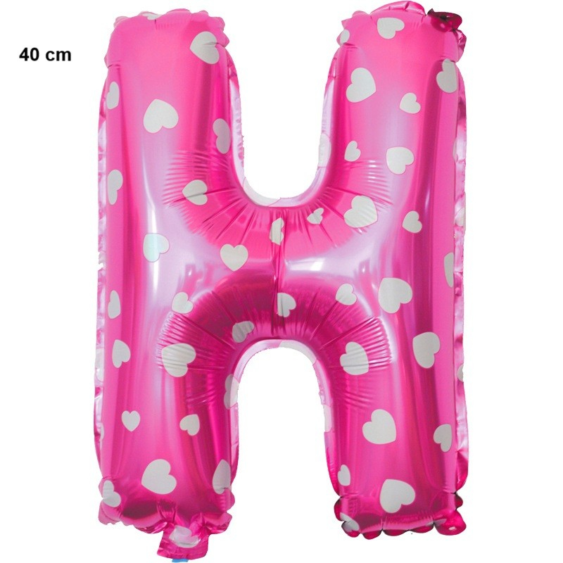 Balon Folie Metalizata Litera H, 40 cm, Cu Imprimeu Inimioare, Umflati cu Heliu sau Aer, Ambalaj Individual, Pai inclus, Roz [2]