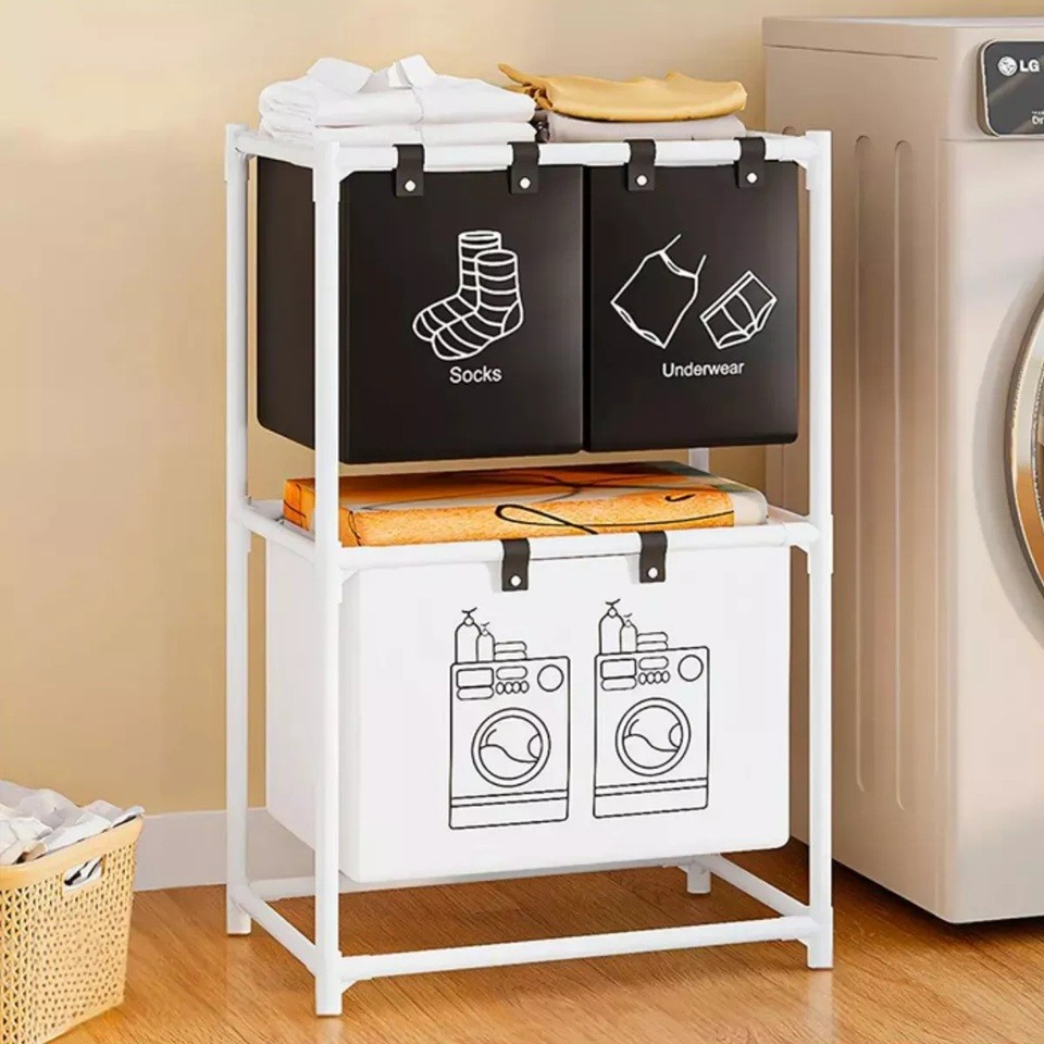 Cos de Rufe, cu 2 Etaje, 3 Cosuri, Cadru de Otel Inoxidabil, 97x28x57 cm, Alb [2]