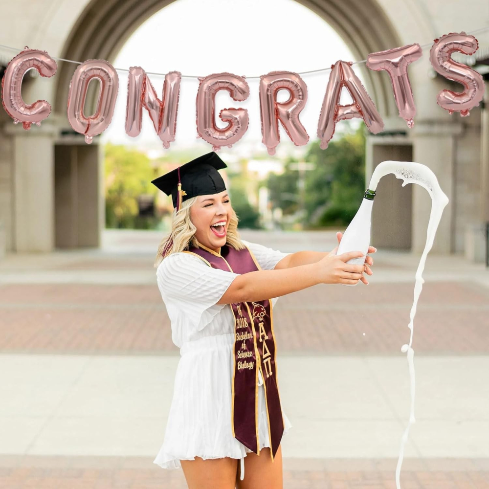 Set 8 Baloane din Folie Metalizata, Model Scris Congrats, Litere de 40 cm, Tema Absolvire, Baloane Party, Ambalaj Individual, Pai Inclus, Umflare cu Aer sau Heliu, Roz [2]