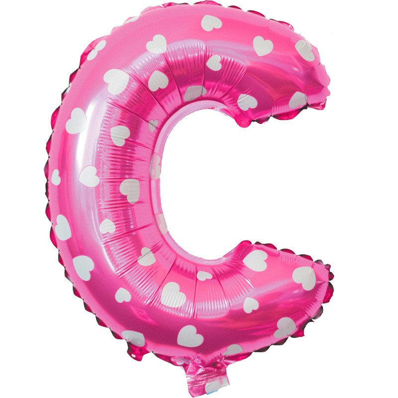 Balon Folie Metalizata Litera C, 40 cm, Cu Imprimeu Inimioare, Umflati cu Heliu sau Aer, Ambalaj Individual, Pai inclus, Roz [3]