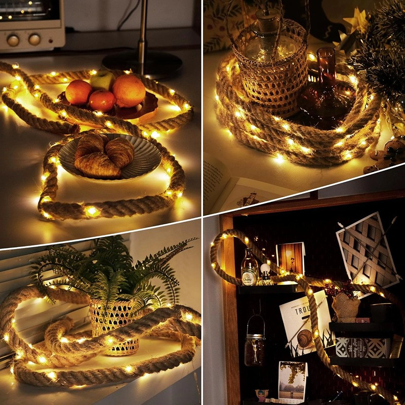 Instalatie Luminoasa, cu Fir de Cupru, 3 m, 60 LED-uri, Model Sfoara de Canepa, cu Baterii, 8 Jocuri de Lumini, IP44, Alb Cald [4]