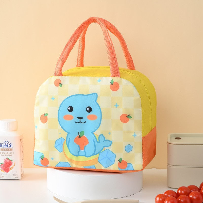 Geanta Termoizolanta pentru Copii, 23x13x19 cm, Model Imprimeu Foca, din Folie de Aluminiu si Panza Oxford, Galben/Portocaliu [5]