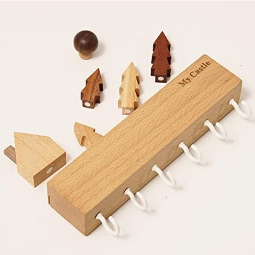 Suport pentru Chei, din Lemn, Aplicare fara Perforare, Adeziv Inclus, 6 Carlige Albe, Model Casuta, Greutate Suportata 5 kg, 14.5 x 2 x 22.5 cm, Maro [6]