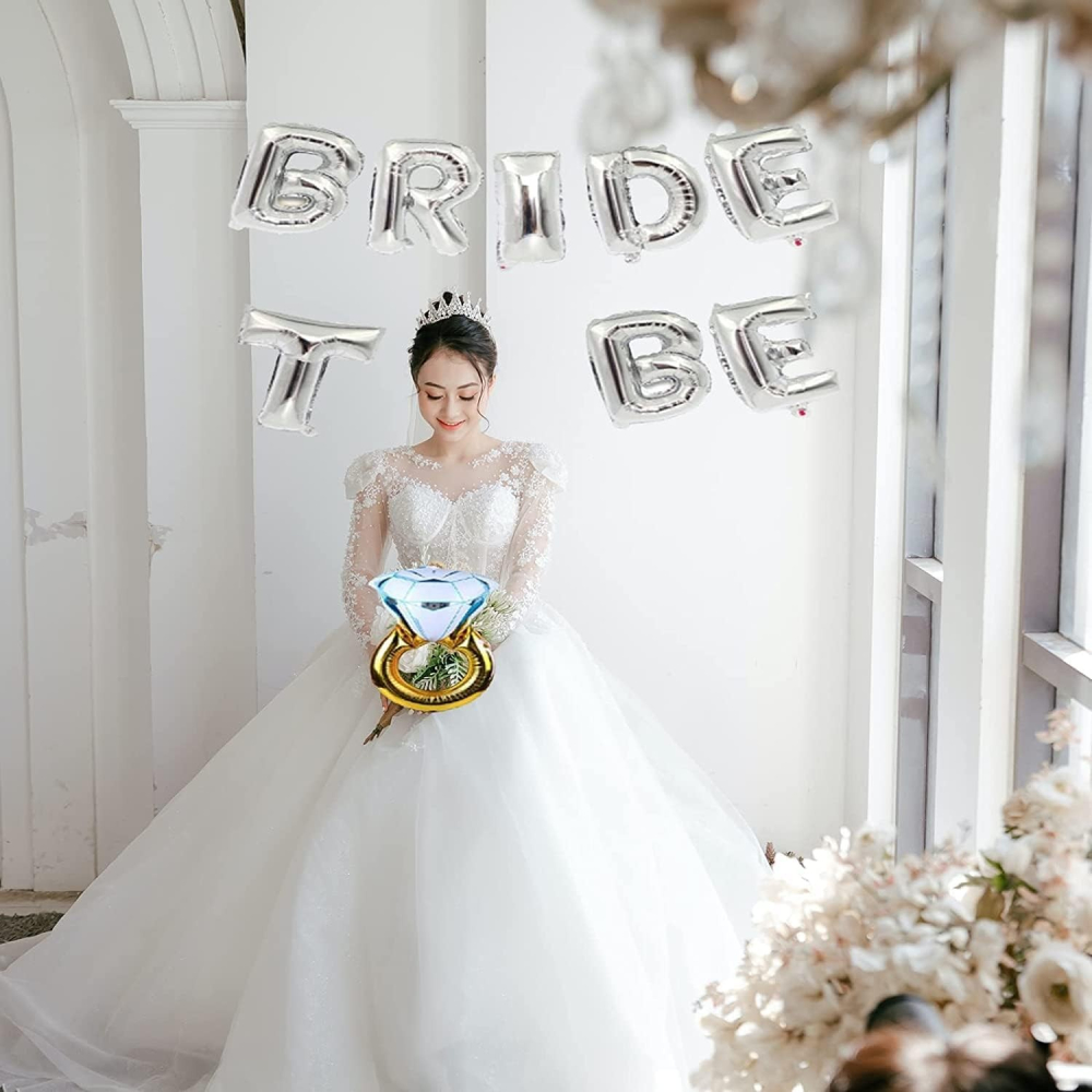Set Baloane din Folie Metalizata, Model Bride to Be cu Inel de Logodna, Litere de 40 cm, Baloane Party, Ambalaj Individual, Pai Inclus, Umflare cu Aer sau Heliu, Argintiu [7]