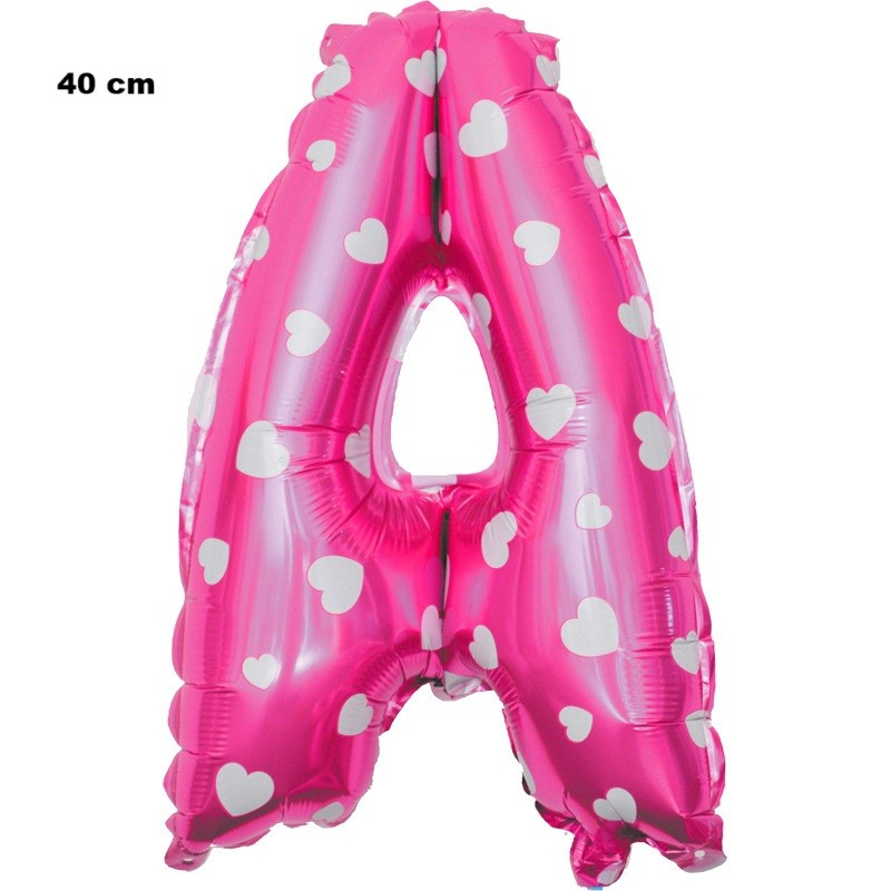 Balon Folie Metalizata Litera A, 40 cm, Cu Imprimeu Inimioare, Umflati cu Heliu sau Aer, Ambalaj Individual, Pai inclus, Roz [2]