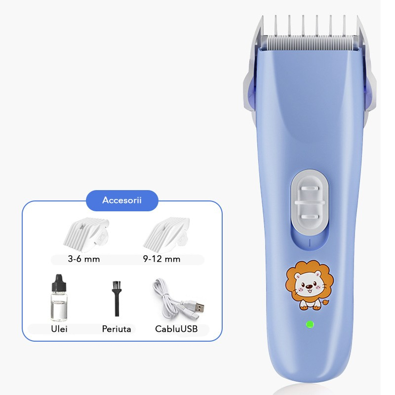 Masina De Tuns Bebelusi si Copii, Lame Cermice si Inox, Fara Fir, Functie Anti Taiere, Silentios, 50 W, Rezistent la Apa, 2 Accesorii, Incarcator USB, Model Leu, Albastru [2]