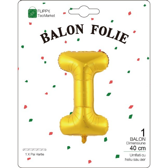 Balon Folie Metalizata Litera I, 40 cm, Umflati cu Heliu sau Aer, Ambalaj Individual, Pai inclus, Auriu [2]