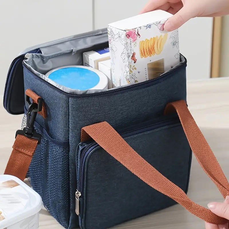 Geanta Termo-Izolanta, Multifunctionala, 1 Compartiment Principal, 1 Buzunar Lateral Exterior, Impermeabila, Manere si Bretea de Umar, 25x22x15 cm, Albastru [4]