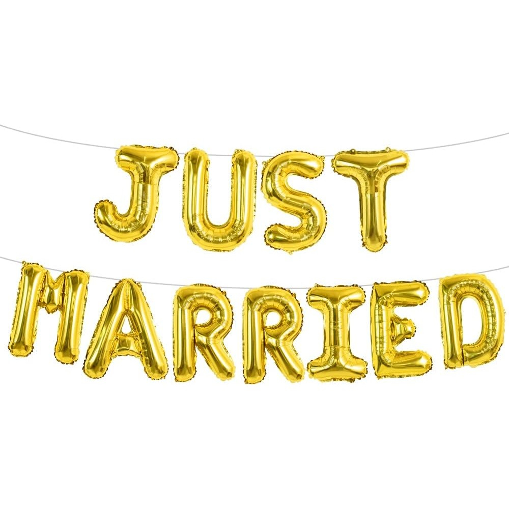 Set Baloane din Folie Metalizata, Model Just Married, Litere de 40 cm, Baloane Party, Ambalaj Individual, Pai, Ata si Adeziv Incluse, Umflare cu Aer sau Heliu, Auriu [6]