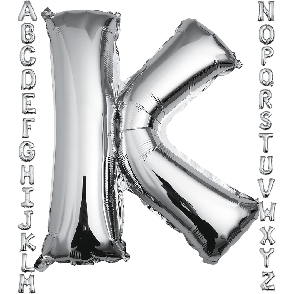Balon Folie Metalizata Litera K, 40 cm, Umflati cu Heliu sau Aer, Ambalaj Individual, Pai inclus, Argintiu [3]