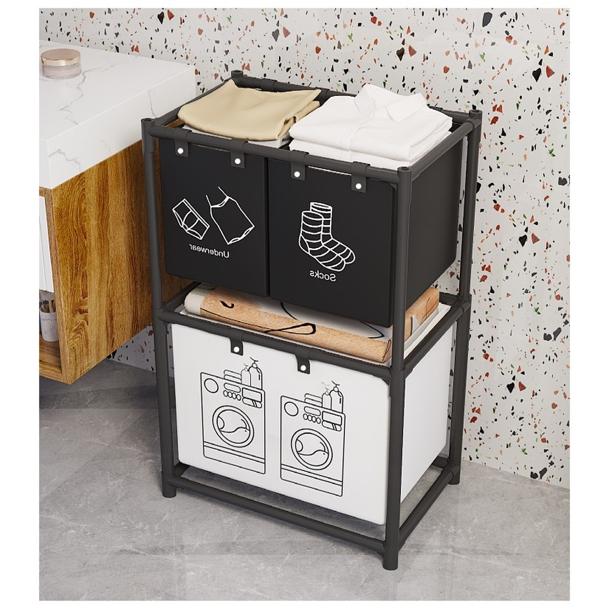 Cos de Rufe, cu 2 Etaje, 3 Cosuri, Cadru de Otel Inoxidabil, 97x28x57 cm, Negru [6]