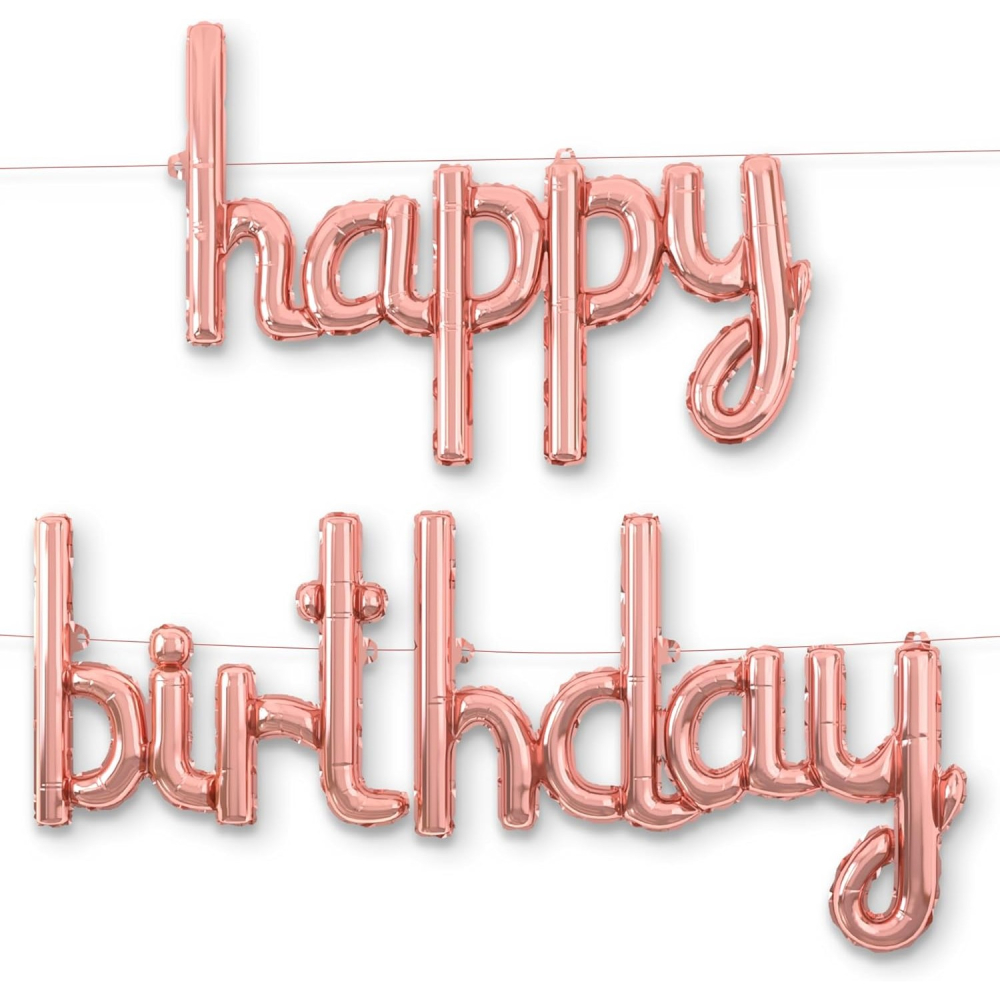 Set Baloane din Folie Metalizata, Model Happy Birthday, 45x85 cm, 45x124cm, Baloane Party, Ambalaj Individual, Pai Inclus, Umflare cu Aer sau Heliu, Roz Pal [9]