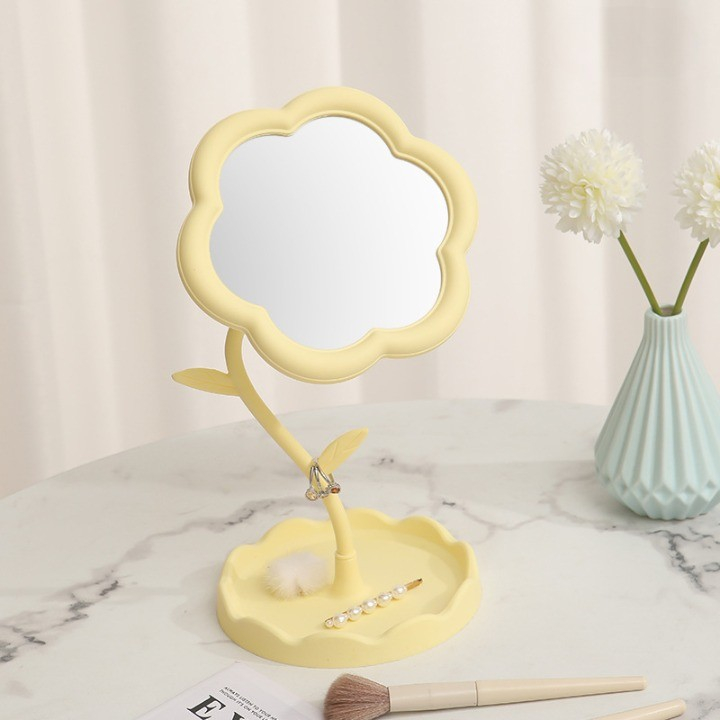 Oglind? de Machiaj pentru Birou, Rotativ?, Detasabil?, Model de Floarea Soarelui, Suport pentru Inele, cu Depozitare, Galbena [4]