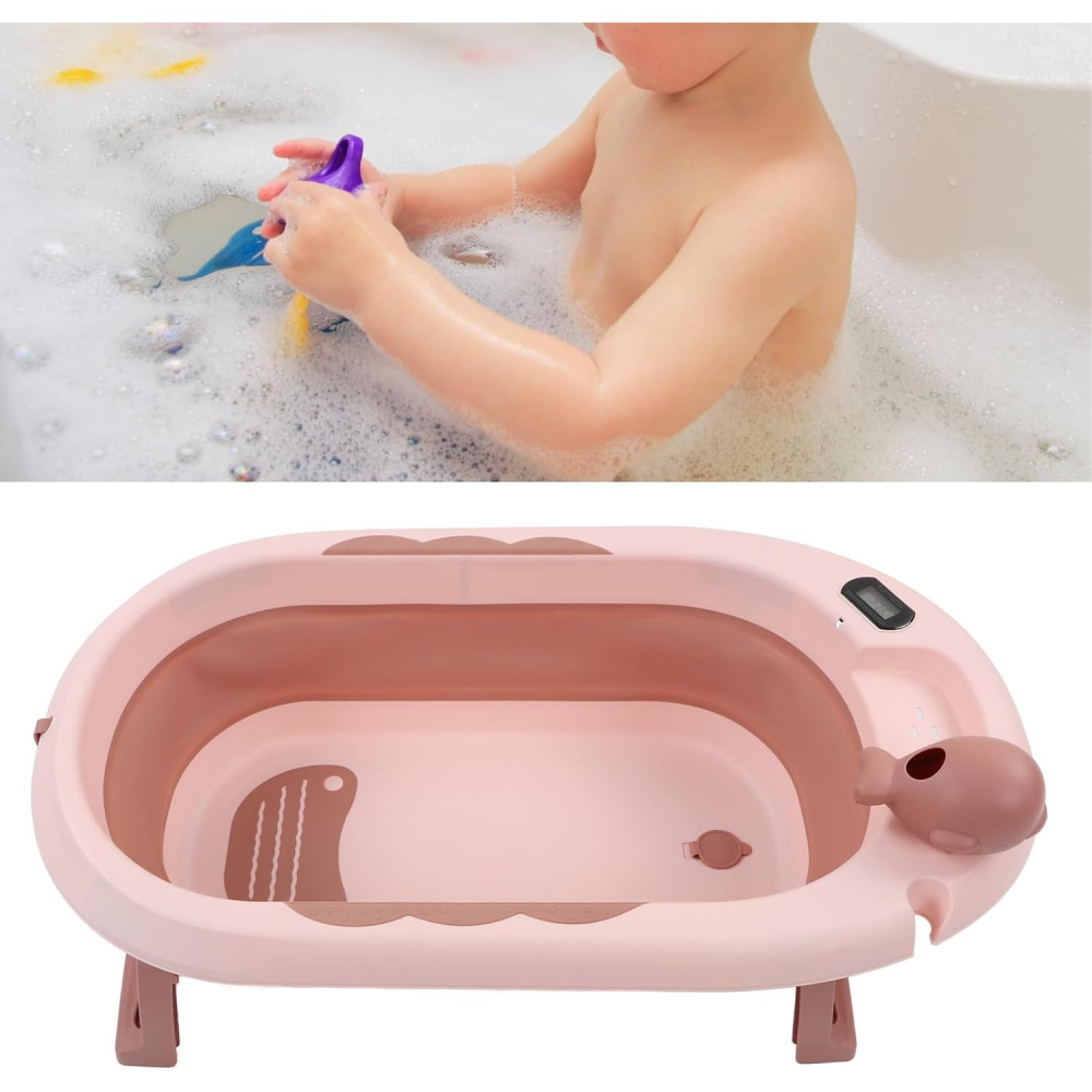 Cada de Baie, pentru Copii 0 luni - 6 Ani, cu Termometru, Pliabila, Perna Suport Inclusa, din Plastic, 81.5 x 49 x 21.5 cm, Roz [2]
