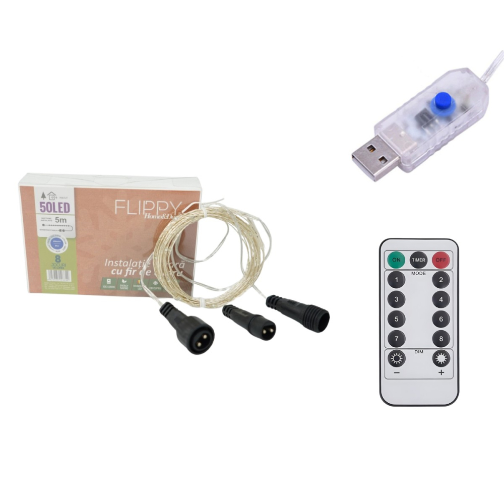 Instalatie de Craciun Liniara,®, Tip Liniara, Fir Cupru, 8 Jocuri de Lumini, cu Telecomanda, 5 m, 50 Led-uri, Alimentare USB, 4.5V, Albastru [2]