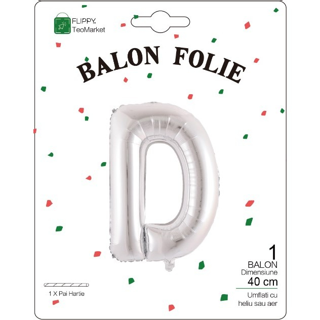 Balon Folie Metalizata Litera D, 40 cm, Umflati cu Heliu sau Aer, Ambalaj Individual, Pai inclus, Argintiu [2]