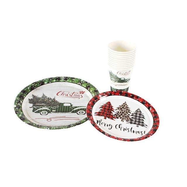 Set 10 Farfurii Unica Folosinta, 23 cm, Model Masina de Craciun, Multicolor [3]