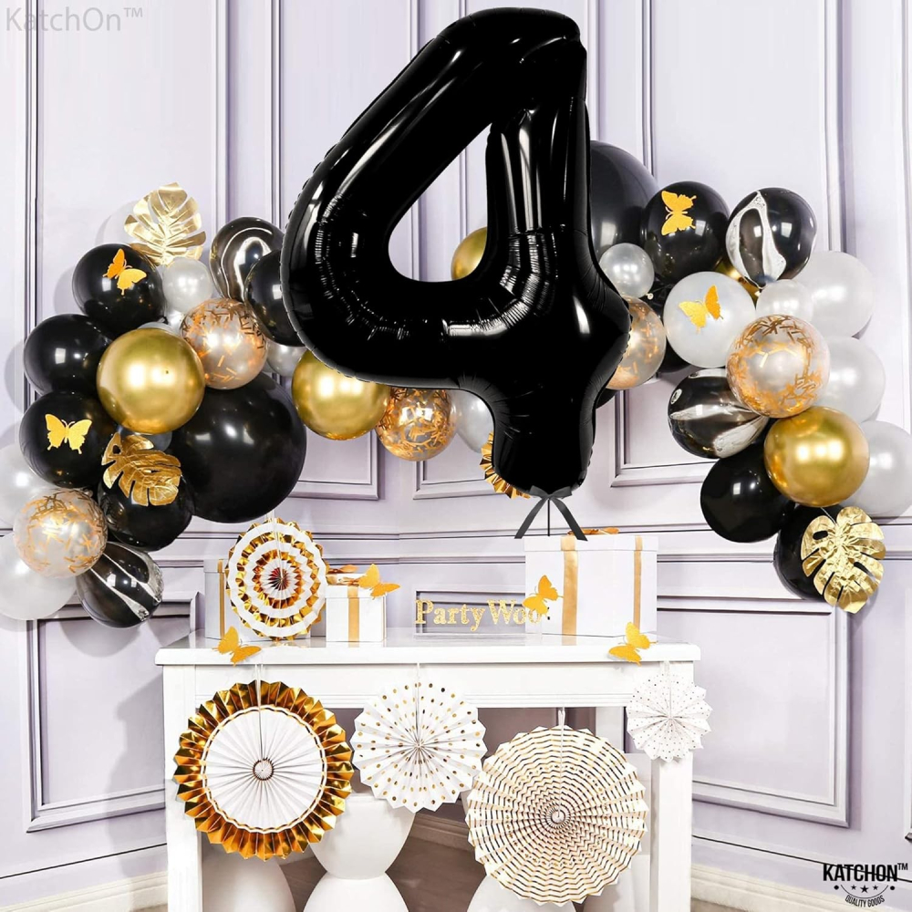 Balon din Folie Metalizata, Figurina Cifra, Tema Aniversare 80 cm, Ambalaj Individual, Pai inclus, Umflare cu Aer sau Heliu, Negru, Cifra 4 [7]