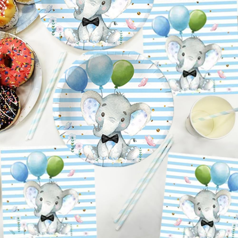 Set 10 Farfurii Unica Folosinta, Imprimeu Elefant, din Carton, 22 cm, Albastru [4]