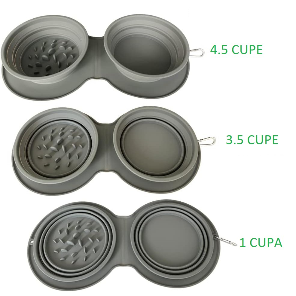 Bol Dublu pentru Animalul de Companie, din Silicon, Pliabil, Inaltime Reglabila, Antialunecare, 42 x 21 x 5 cm, Gri [3]