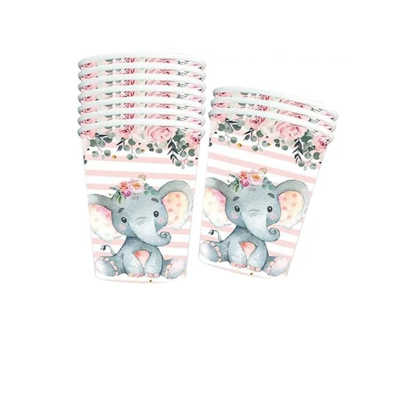 Set 10 Pahare, Imprimeu Elefant, din Carton, 7.5 x 8.5 cm, Roz [2]