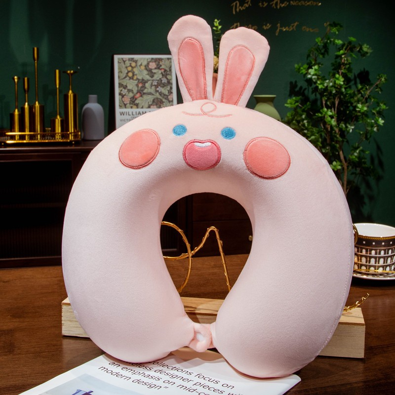 Perna de Calatorie in Forma de U, Pentru Gat si Cap, Umplutura din Spuma cu Memorie, 30x30 cm, Model Iepuras, Accesoriu de Voiaj, Birou, Masina, Sistem Prindere Capse, Roz [2]