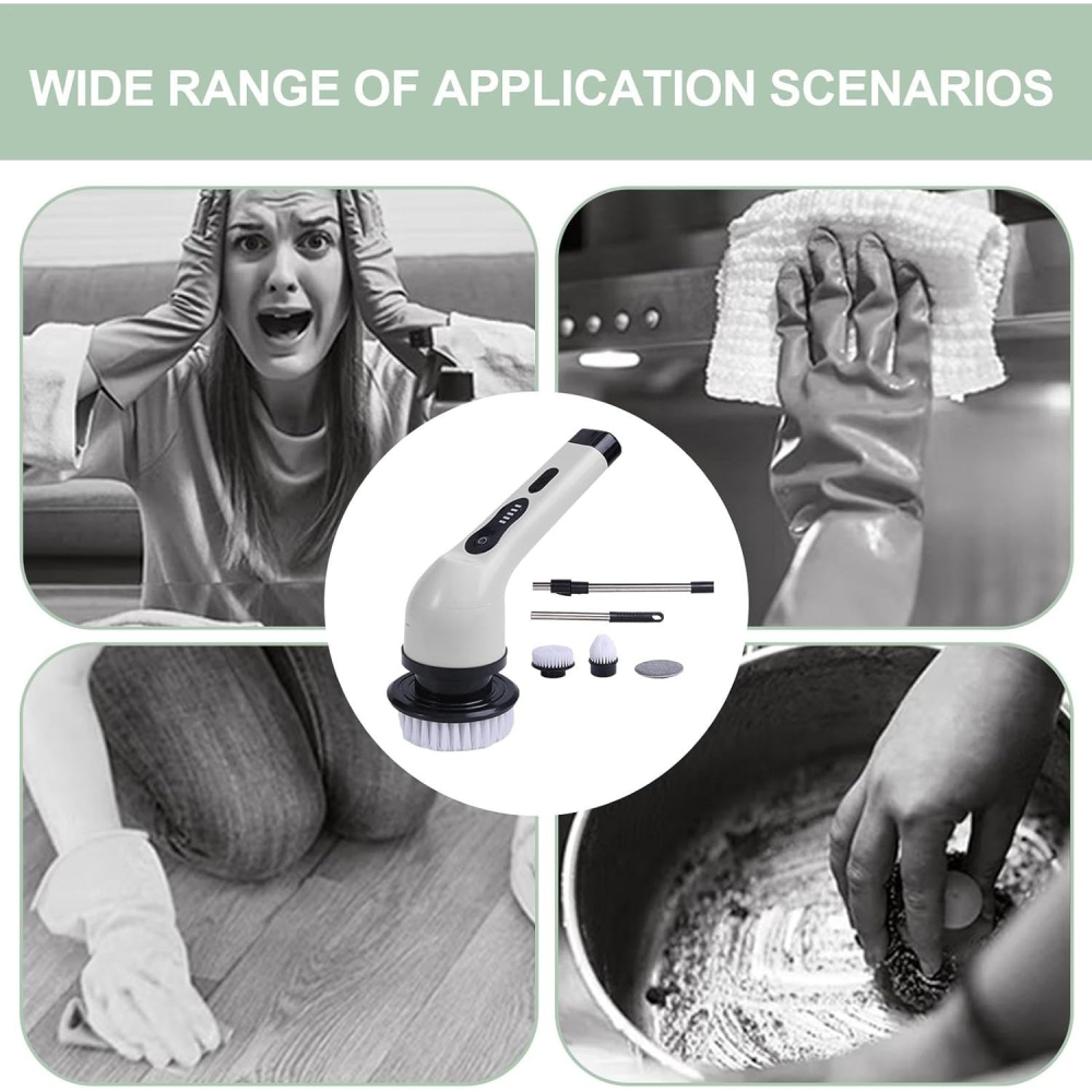 Perie Electrica de Curatare, pentru Gresie, Baie, Bucatarie, 25x20x9.5 cm, cu 9 Capete, Maner Extensibil Detasabil 84-127cm, Incarcare USB-Type C, Rotire 360 de Grade, 3000 mAh, Culoare: Alb [9]