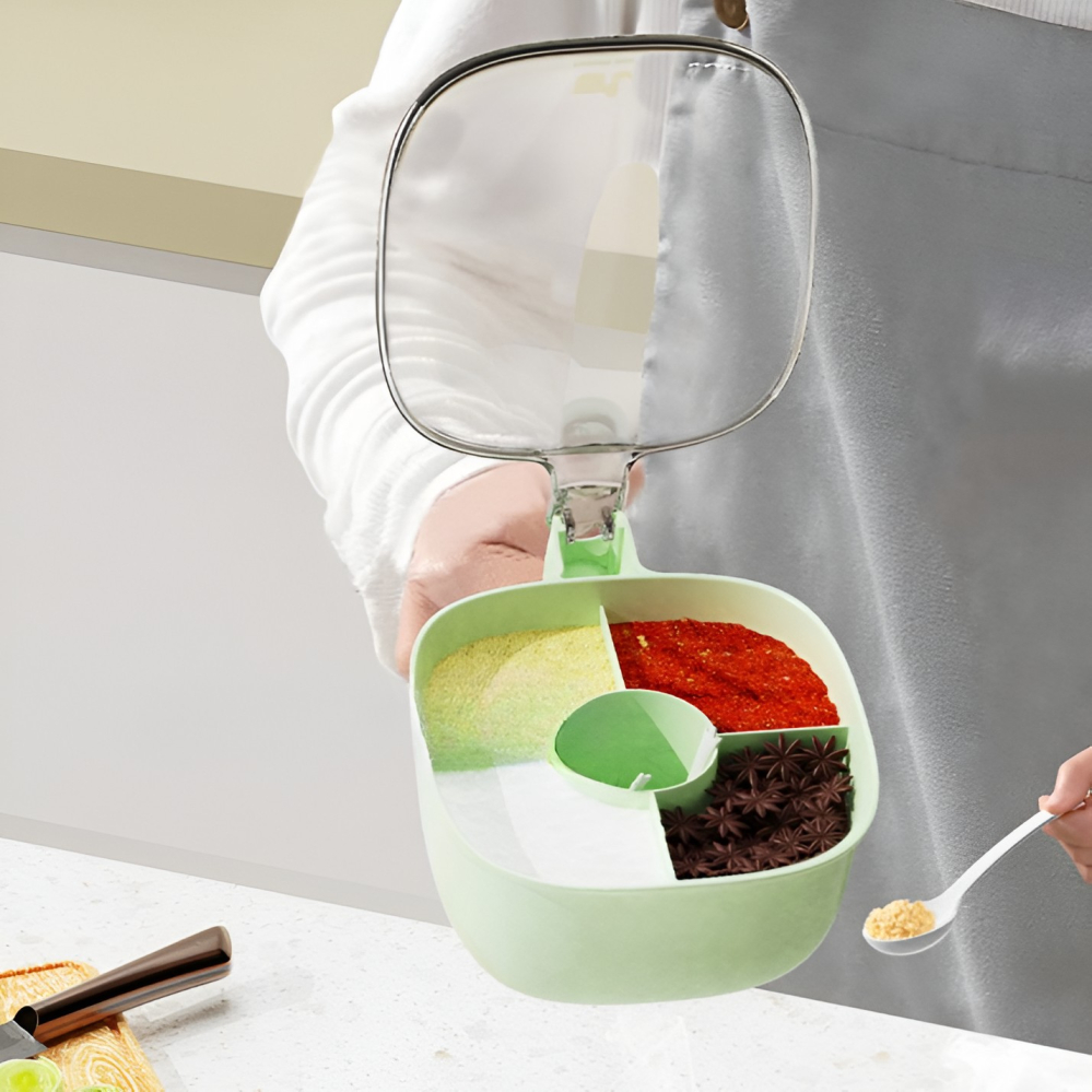 Cutie de Depozitare a Condimentelor, de Uz Casnic, cu Maner Stabil, cu Capac, 4 Compartimente Principale, 21 x 14 x 10 cm, Verde [7]