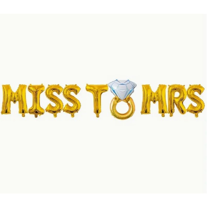 Set Baloane din Folie Metalizata, Model Miss to Mrs cu Inel de Logodna, Litere de 40 cm, Tema Iubire, Baloane Party, Ambalaj Individual, Pai Inclus, Umflare cu Aer sau Heliu, Auriu [7]