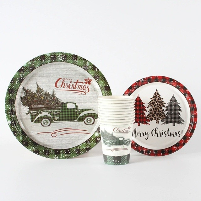 Set 10 Farfurii Unica Folosinta, 23 cm, Model Masina de Craciun, Multicolor [4]