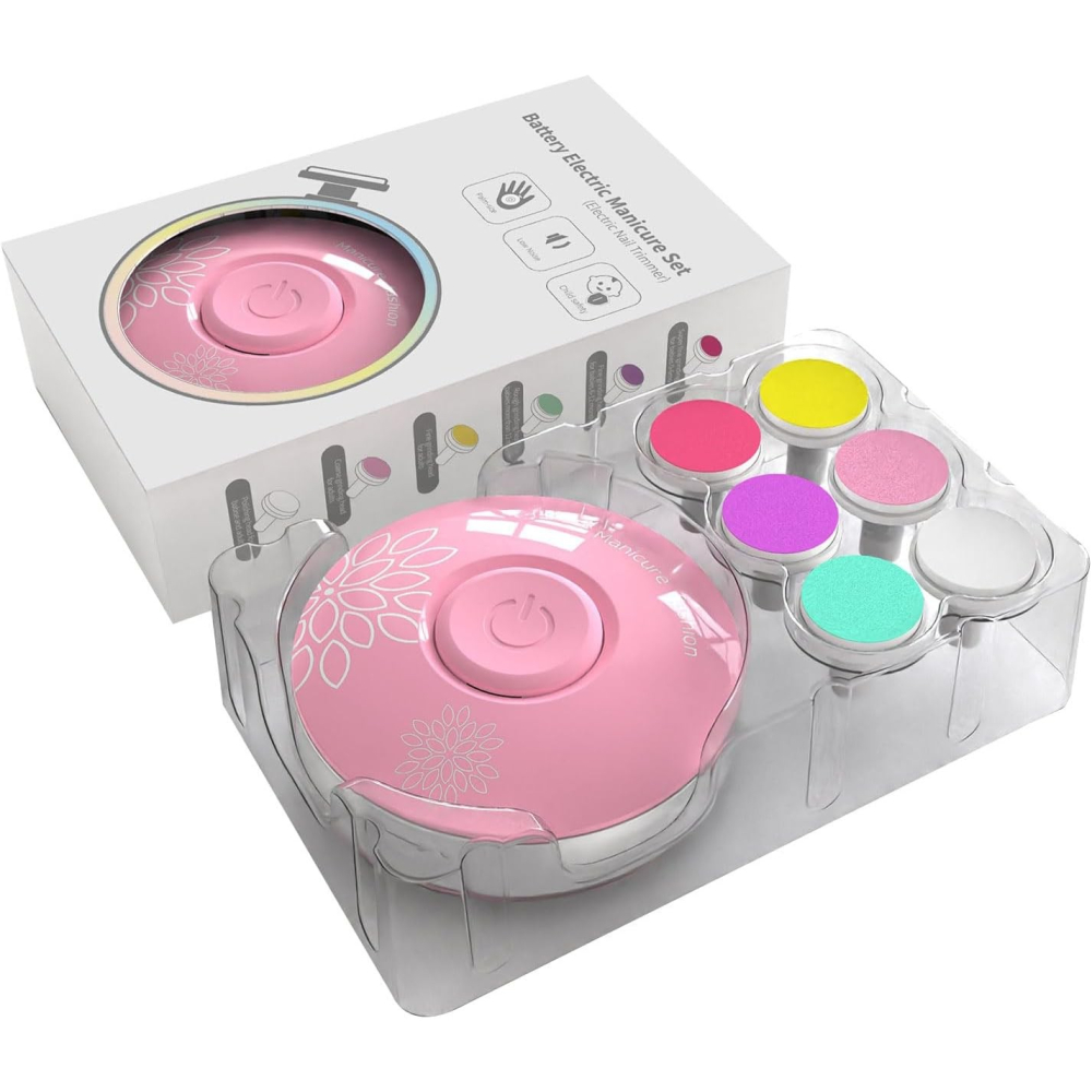 Set Pila Electrica cu Baterie, pentru Copii si Bebelusi, din ABS, 6 Accesorii, Model cu Flori, 6.5 x 1.8 cm, Roz [2]