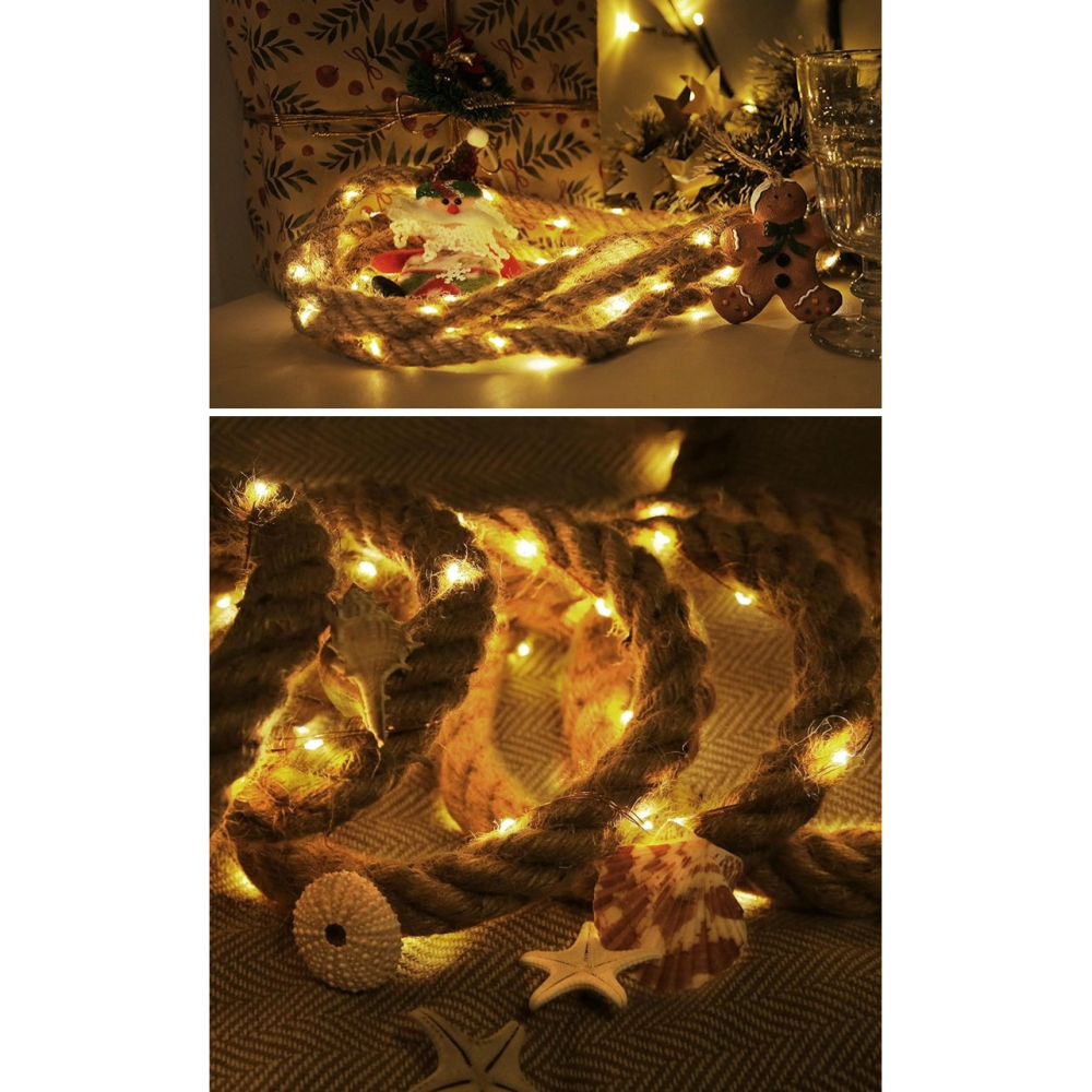 Instalatie Luminoasa, cu Fir de Cupru, 3 m, 60 LED-uri, Model Sfoara de Canepa, cu Baterii, 8 Jocuri de Lumini, IP44, Alb Cald [3]