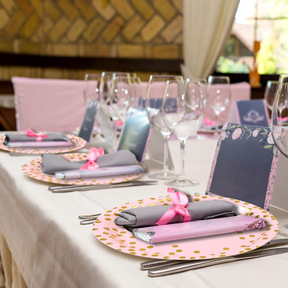 Set 10 Farfurii Unica Folosinta, Imprimeu cu Buline, din Carton, Diametru 18 cm, Roz/Auriu [3]