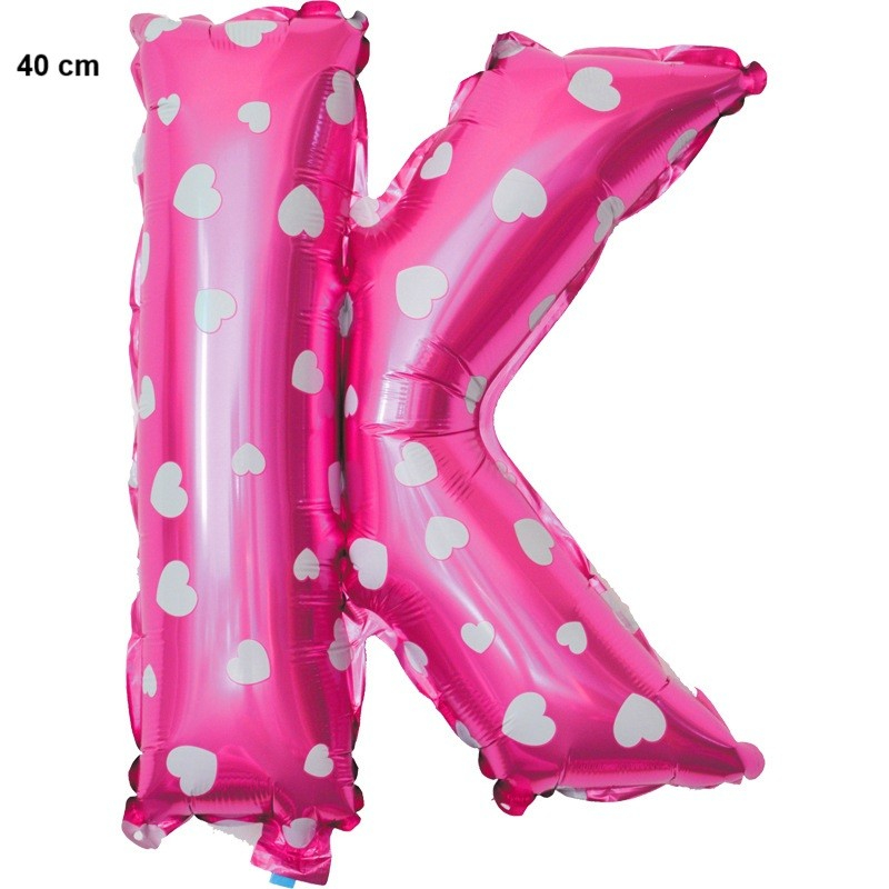 Balon Folie Metalizata Litera K, 40 cm, Cu Imprimeu Inimioare, Umflati cu Heliu sau Aer, Ambalaj Individual, Pai inclus, Roz [2]
