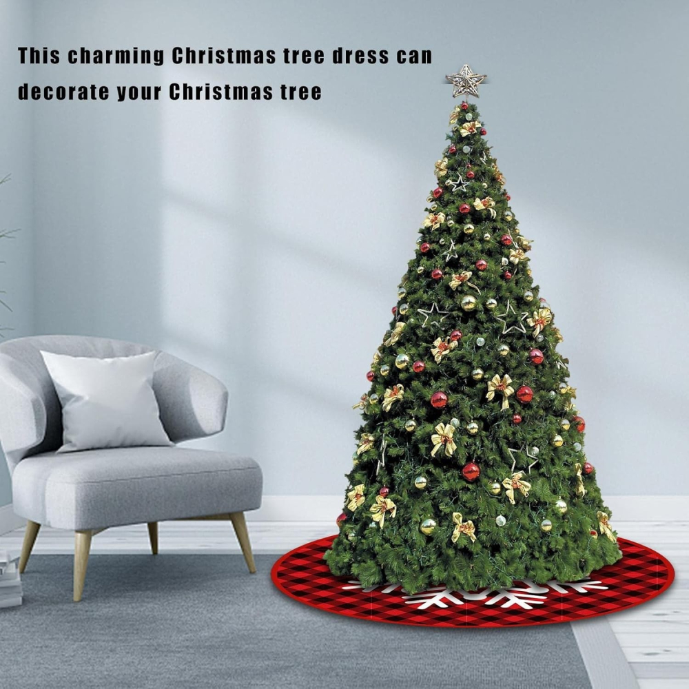 Covoras pentru Bradul de Craciun, din Tesatura Pufoasa, cu Fundite de Prindere, Model Fulg de Nea, Carouri Rosu/Negru, Diametru 90 cm [5]