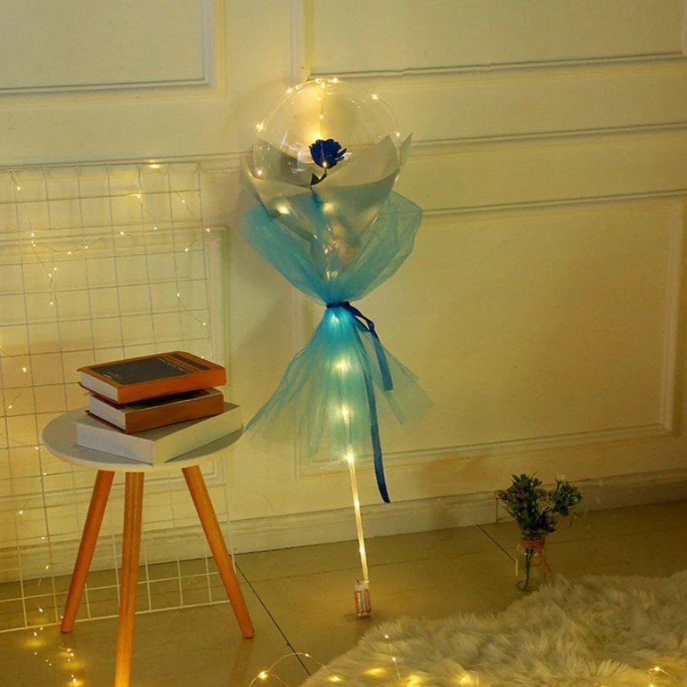 Set Trandafir in Balon LED cu Lumini, Tip Buchet, Diametru 35 cm, Albastru [3]