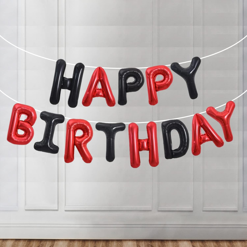 Set Baloane din Folie Metalizata, Model Happy Birthday, Litere de 40 cm, Baloane Party, Ambalaj Individual, Pai, Ata si Adeziv Incluse, Umflare cu Aer sau Heliu, Rosu-Negru [5]