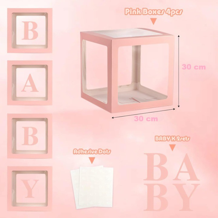 Set 4 Cutii pentru Baloane, Model Scris Baby, Tematica Iubire, Cuburi Decorative din Plastic, Accesorii pentru Petrecere, 30 x30 cm, Transparente Contur Roz [7]